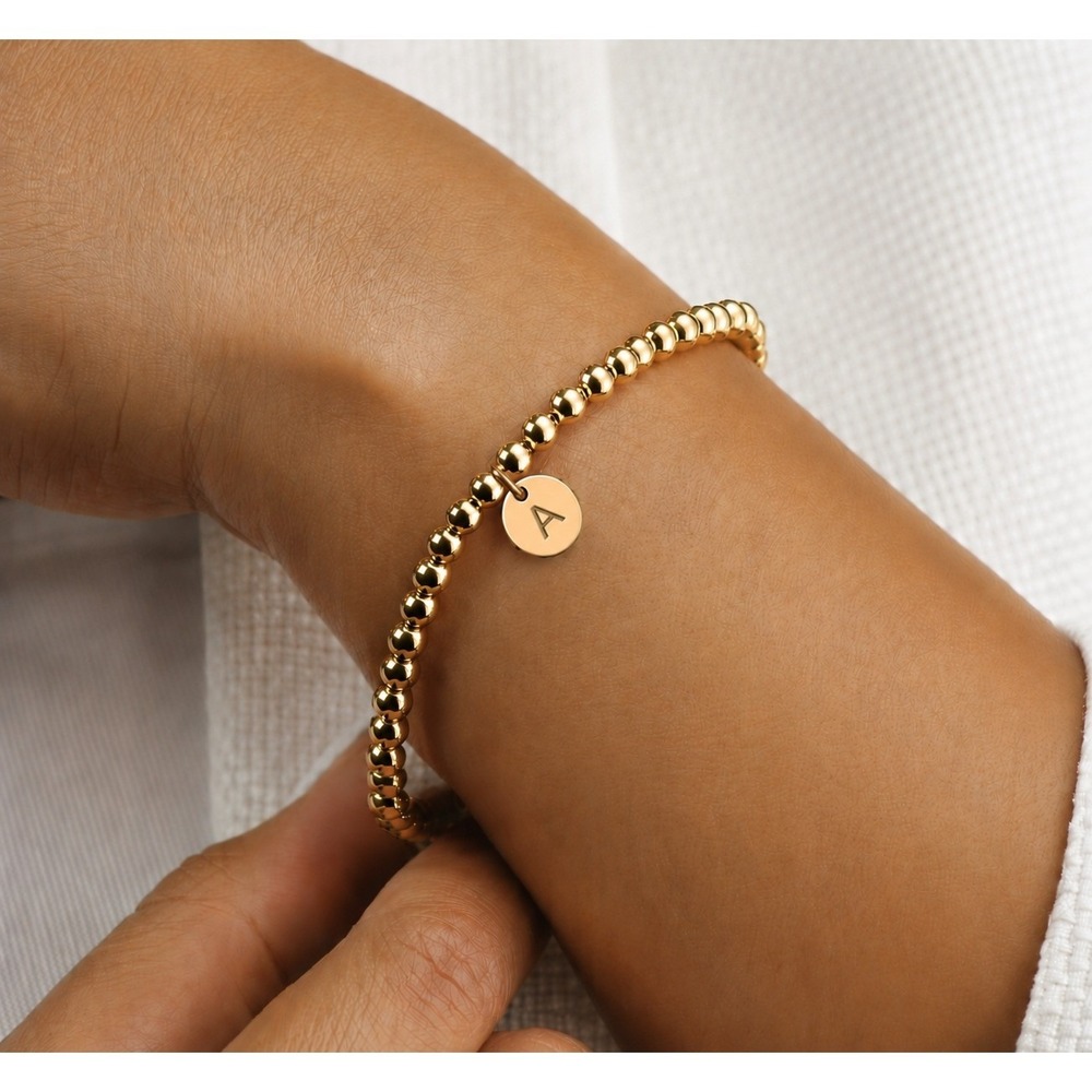 Gold Beaded Stretch Bracelet Initial A Charm Personalized Dainty Jewelry Womens